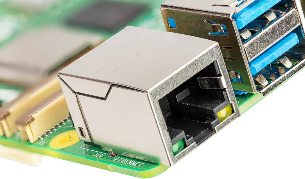 Raspberry Pi 5 Gigabit Ethernet and USB 3.0 ports detail
