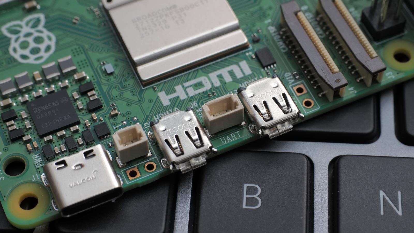 Raspberry Pi 5 USB-C power port and UART detail